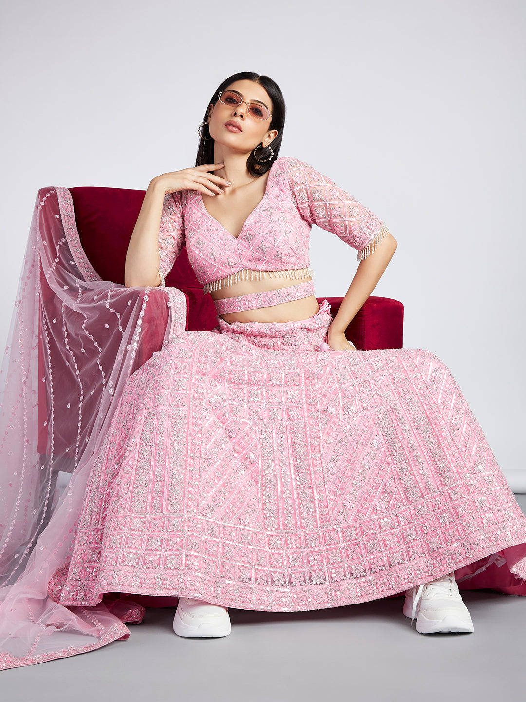 House of Panchhi Pink Net Sequins, Zarkan And Thread Embroidery Lehenga Choli & Dupatta | Swadesiicart