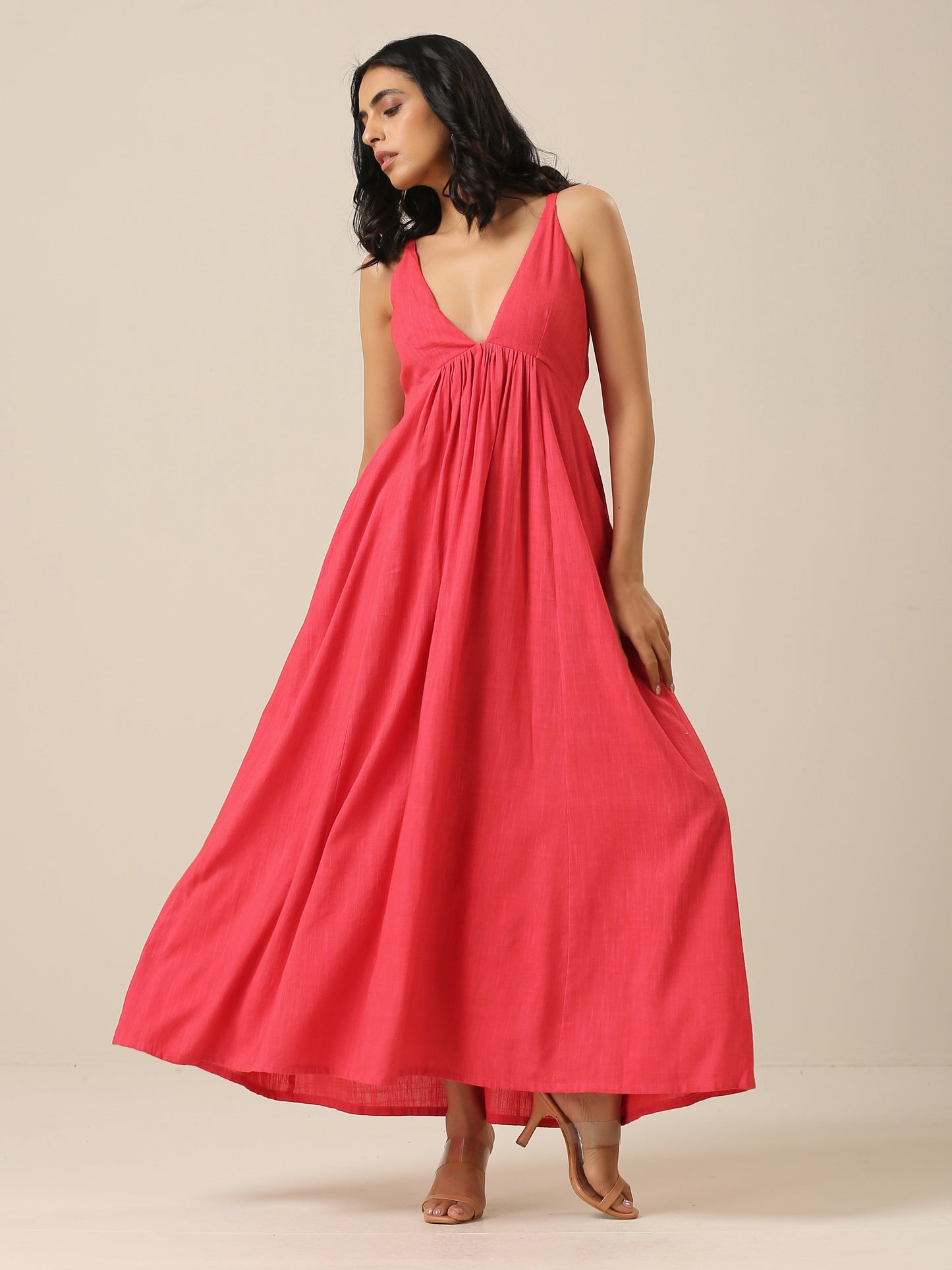 trueBrowns Bright Pink Slub Texture Sleeveless Dress | Swadesiicart