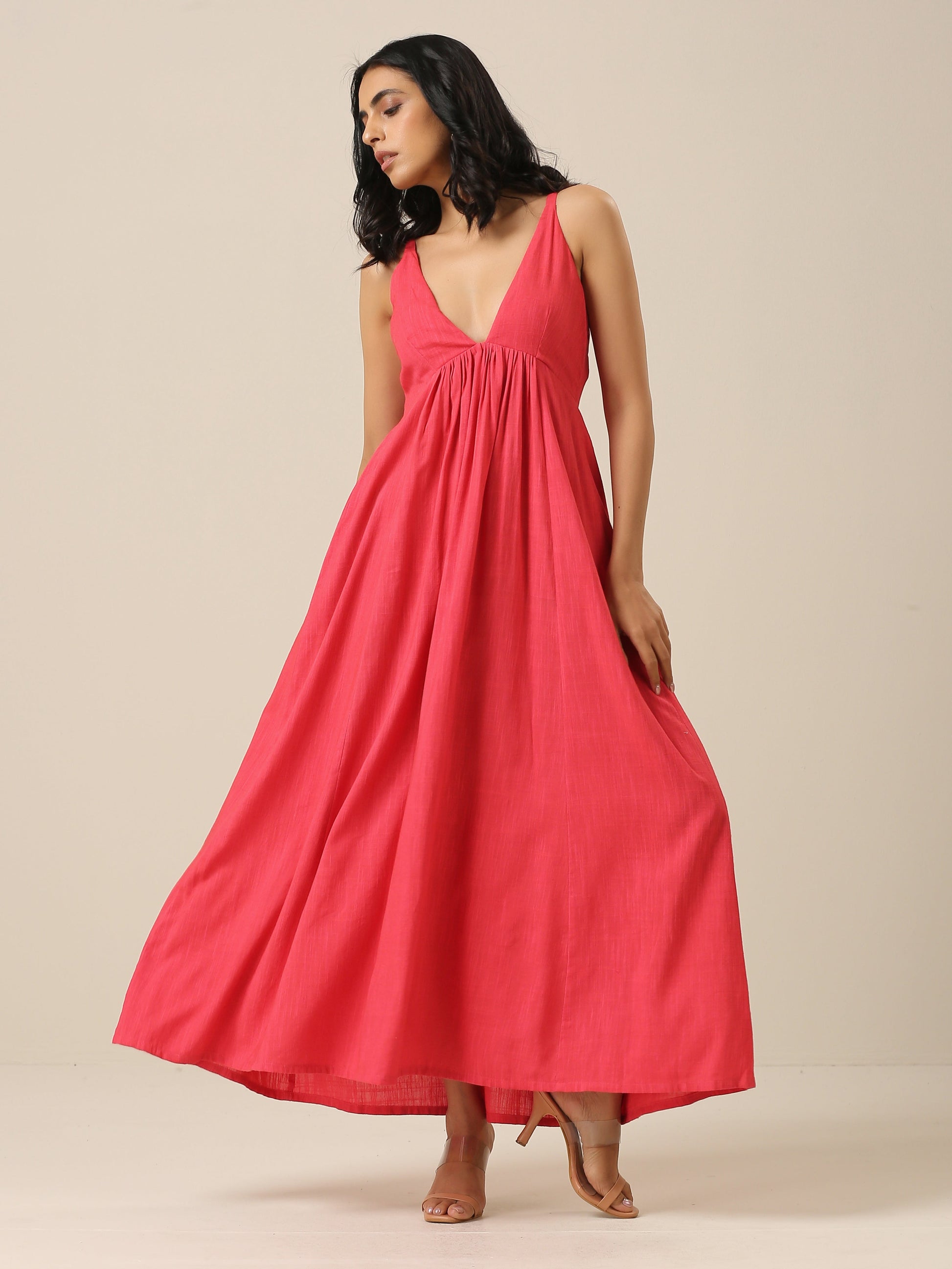 trueBrowns Bright Pink Slub Texture Sleeveless Dress | Swadesiicart