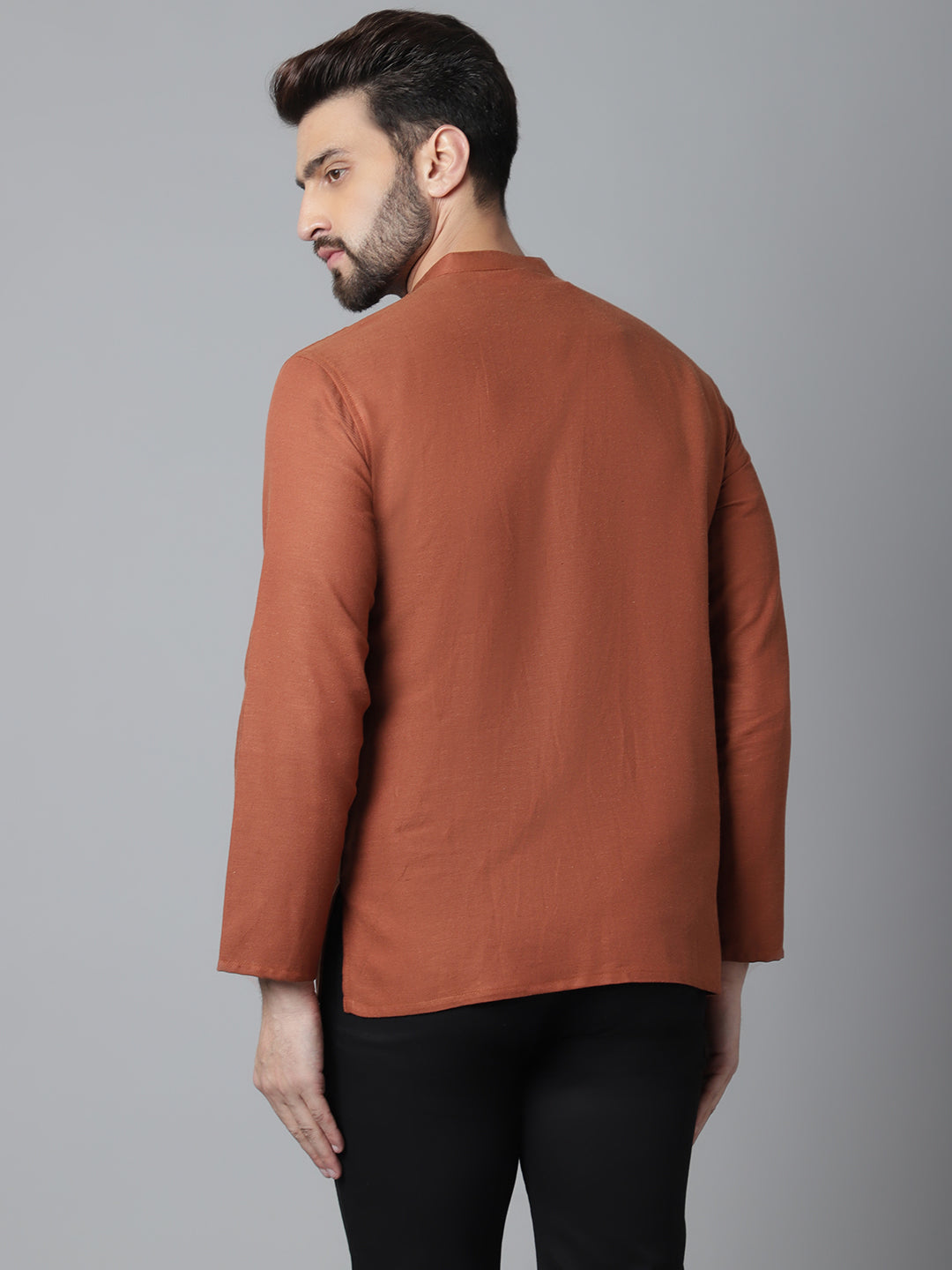 Even Apparels Rust Pure Cotton Kurta With Band Collar | Swadesiicart