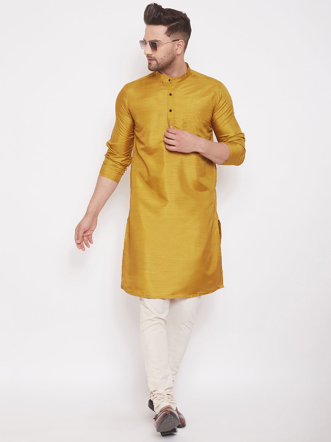 Even Apparels Mustard Yellow Pure Cotton Kurta With Band Collar | Swadesiicart