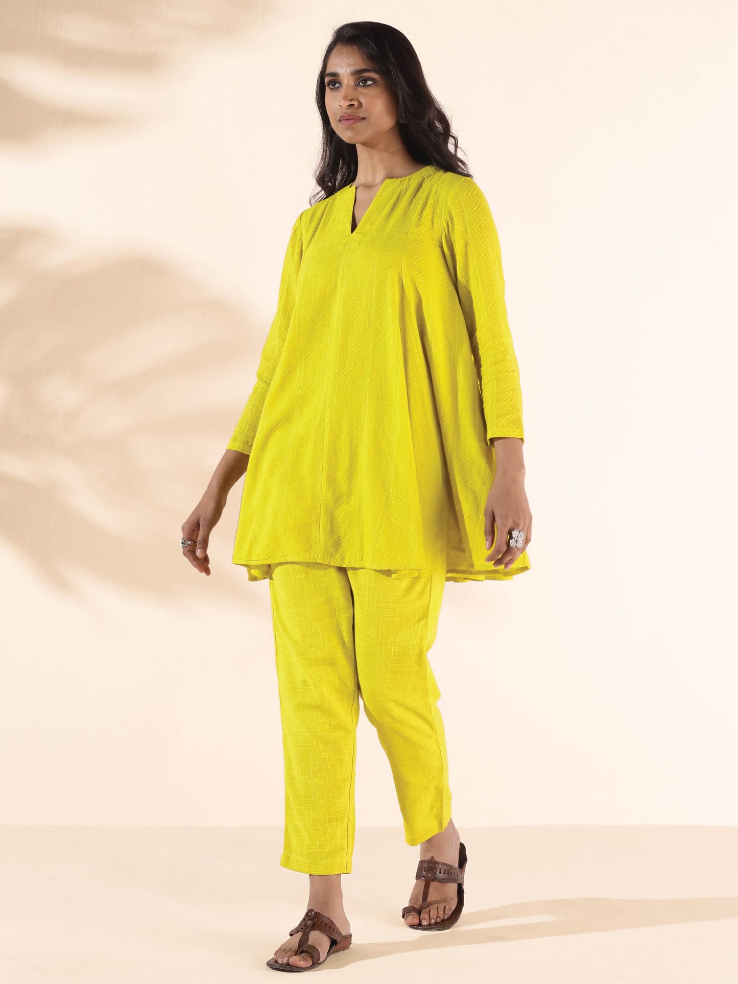 trueBrowns Lime Cotton Dobby Flared Co-ord Set - Swadesiicart