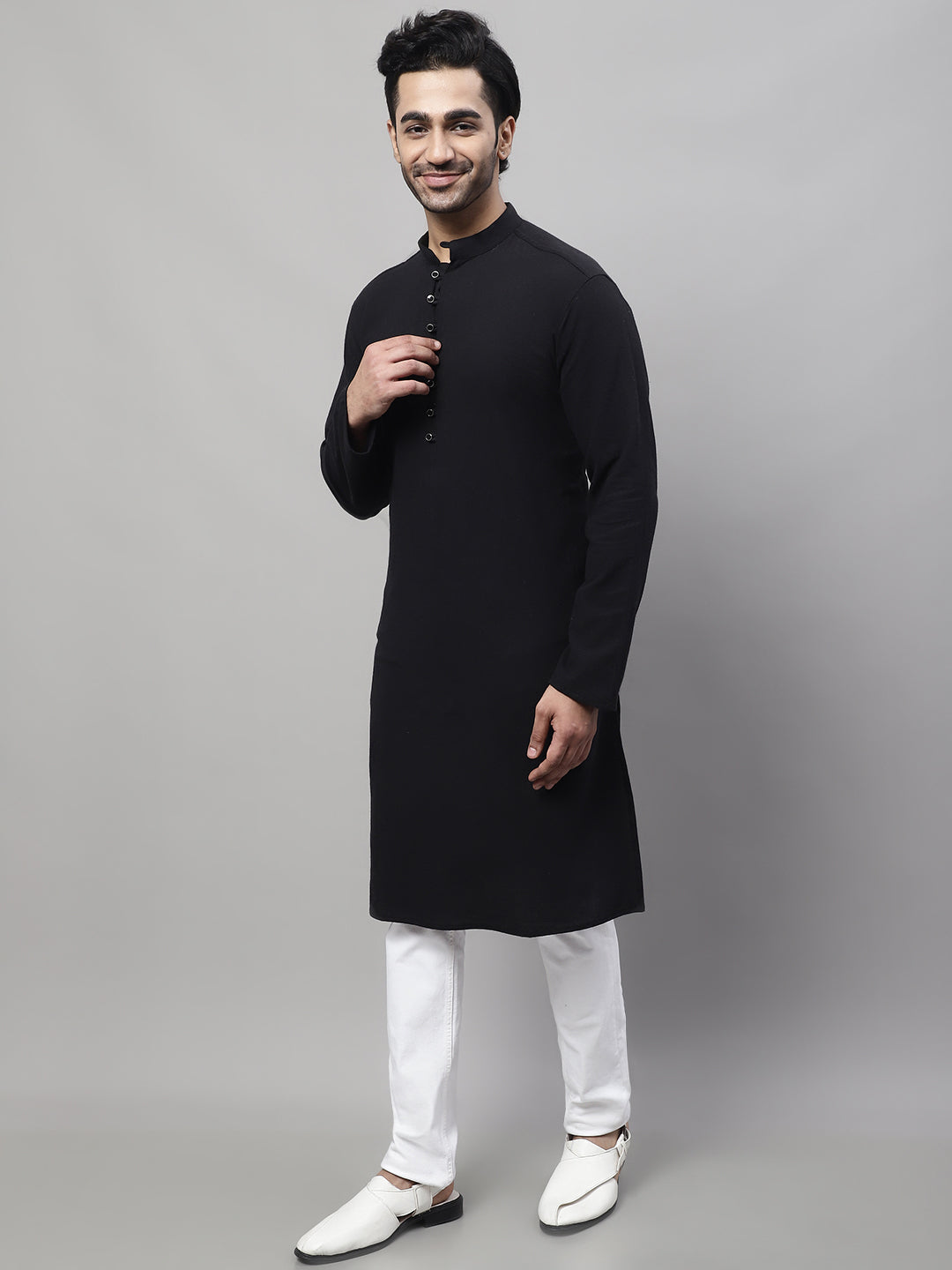 Even Apparels Black Pure Cotton Kurta With Band Collar | Swadesiicart