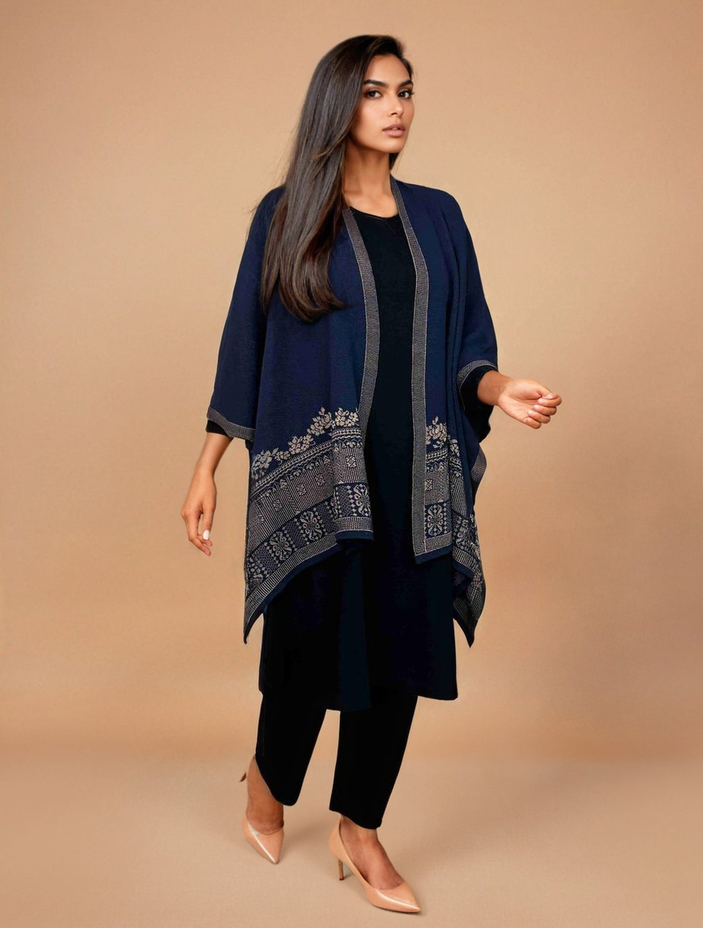 trueBrowns Blue Woollen Kaftan Cape | Swadesiicart