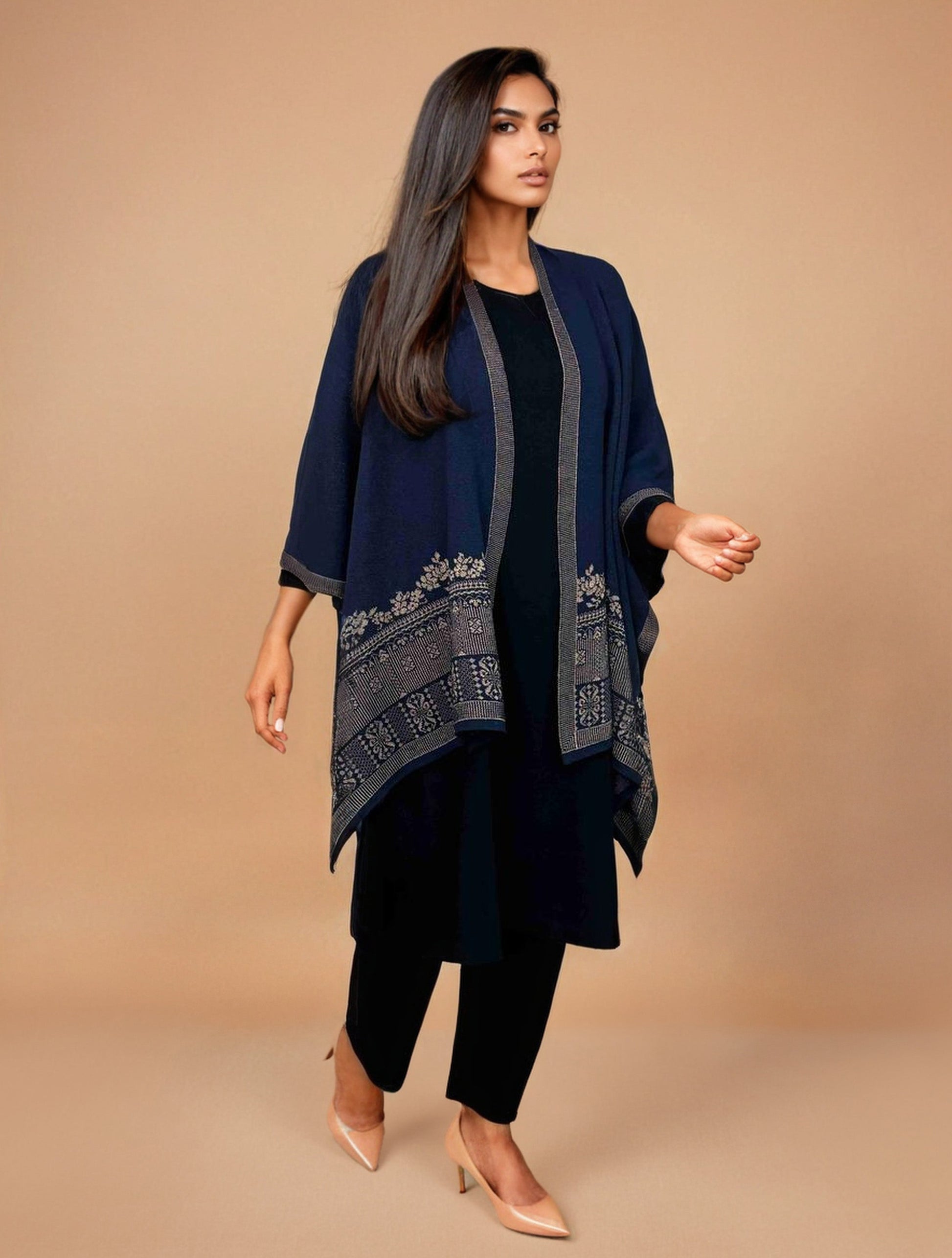 trueBrowns Blue Woollen Kaftan Cape | Swadesiicart