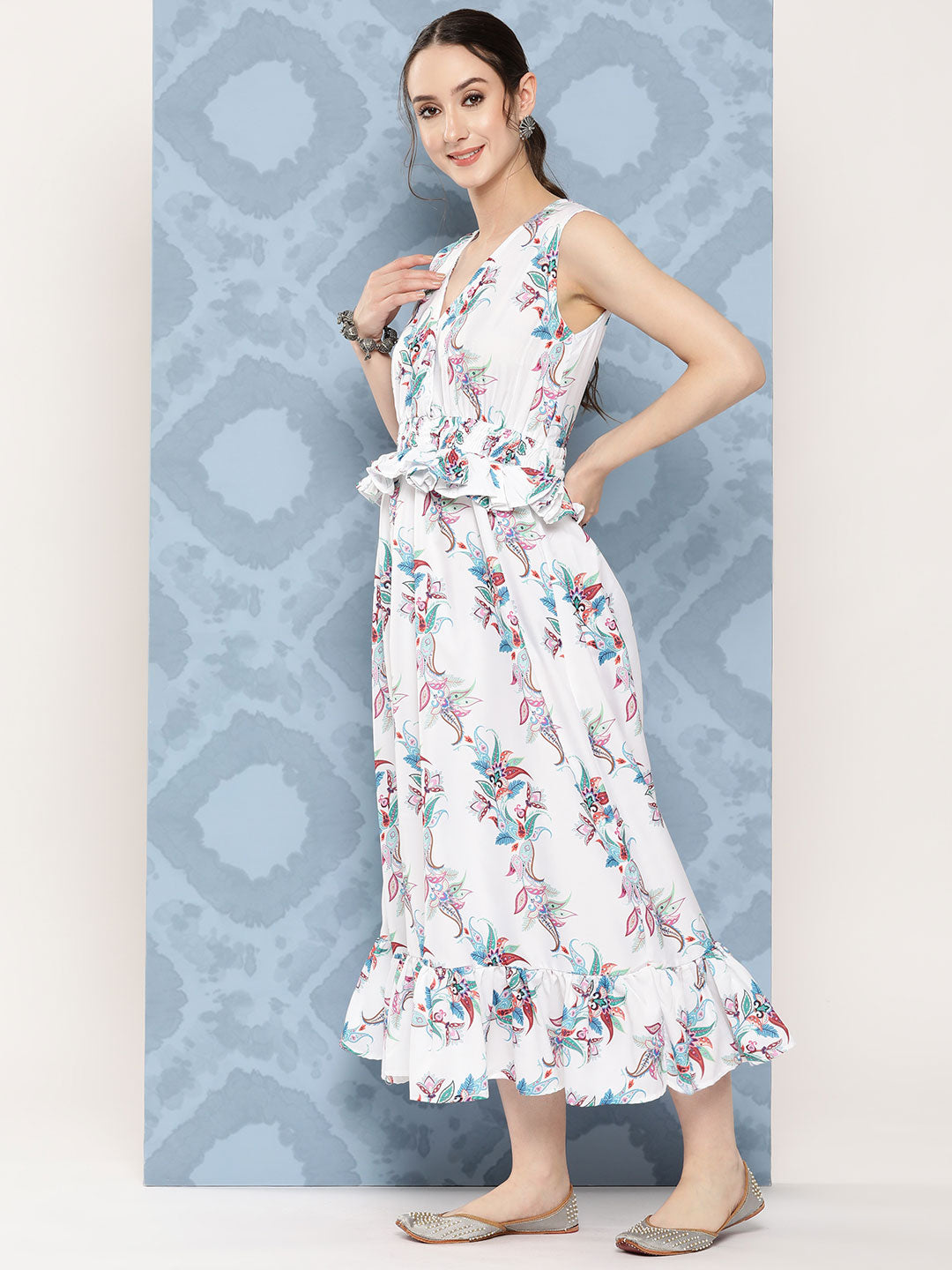 InWeave Women's White Floral Paisley Print Long Frill Dress - Swadesiicart