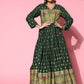 InWeave Women's Bottle Green Gold Border Anarkali Kurta - Swadesiicart
