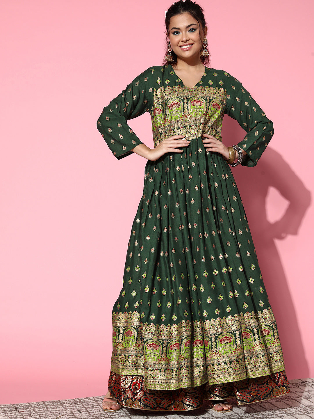InWeave Women's Bottle Green Gold Border Anarkali Kurta - Swadesiicart