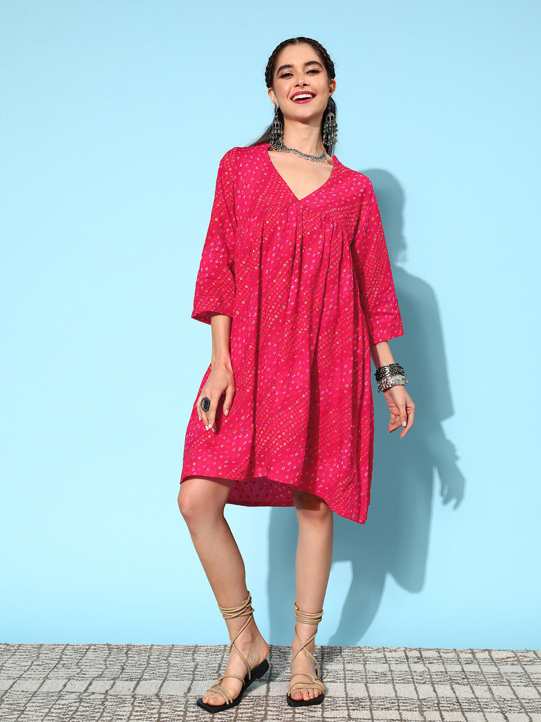 InWeave Women's Maroon Ethnic Motif Short Dress - Swadesiicart