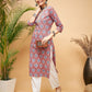 InWeave Women's Red Blue Ogee Print Gota Straight Kurta - Swadesiicart