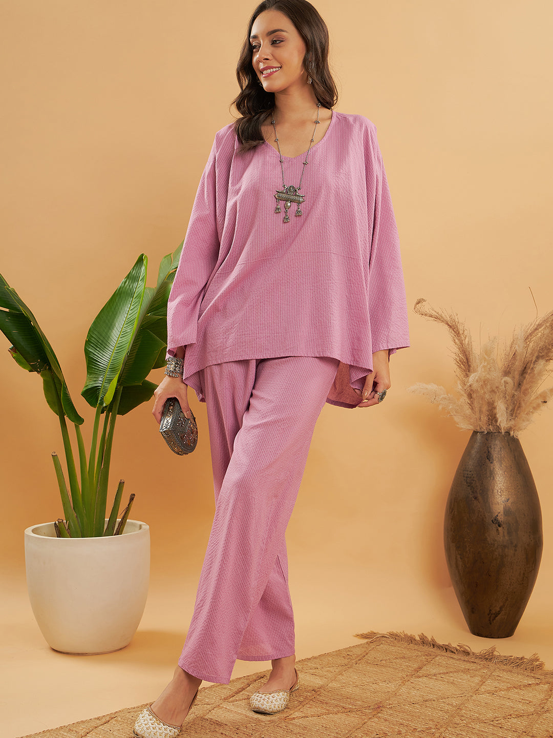InWeave Women's Mauve Kantha Boho Full Sleeve Coord Set - Swadesiicart