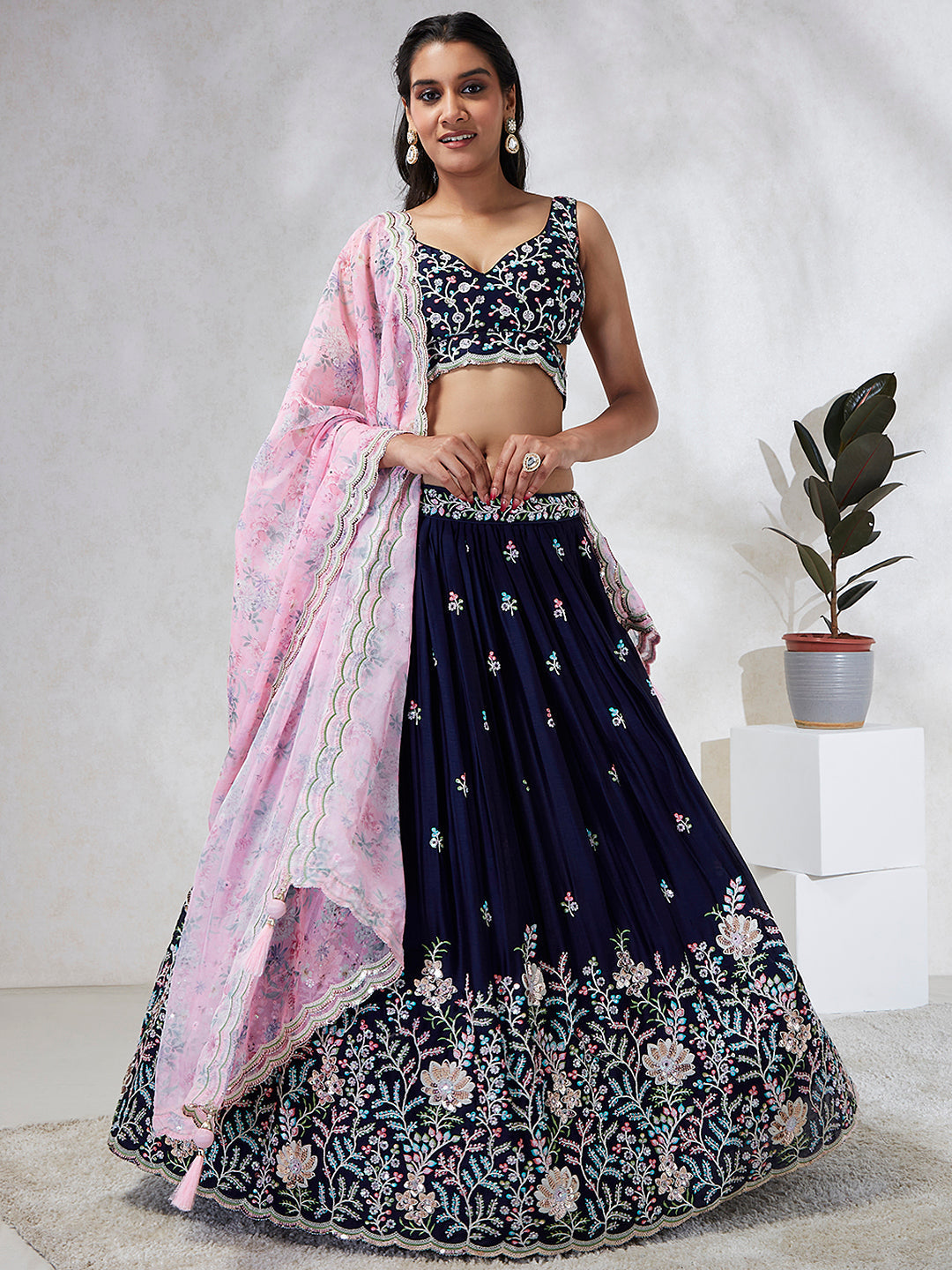 House of Panchhi Navy Blue Georgette Sequins, Mirror And Thread Embroidery Lehenga Choli & Dupatta | Swadesiicart