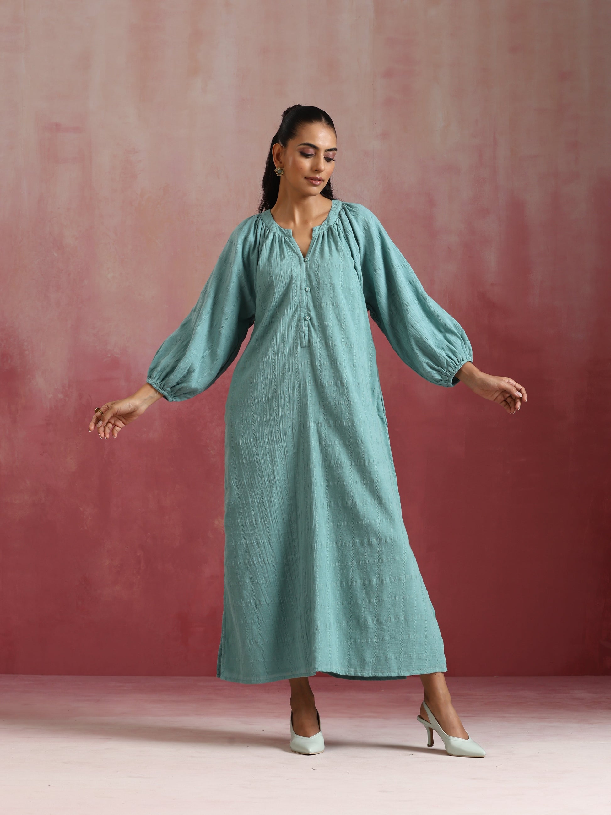 trueBrowns Aqua Blue Cotton Dobby Dress | Swadesiicart