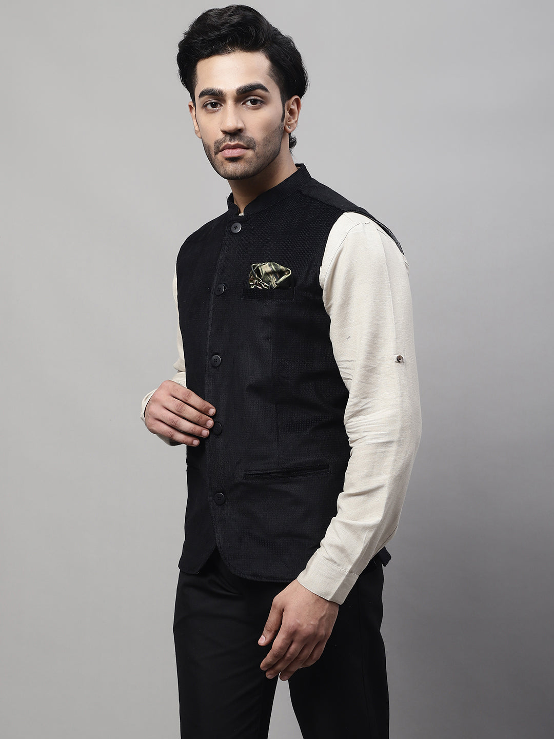 Even Apparels Men's Black Nehru Jacket With Welt Pockets | Swadesiicart