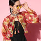 InWeave Women's Black Strappy Set With Red Pink Floral Short Organza Cape - Swadesiicart