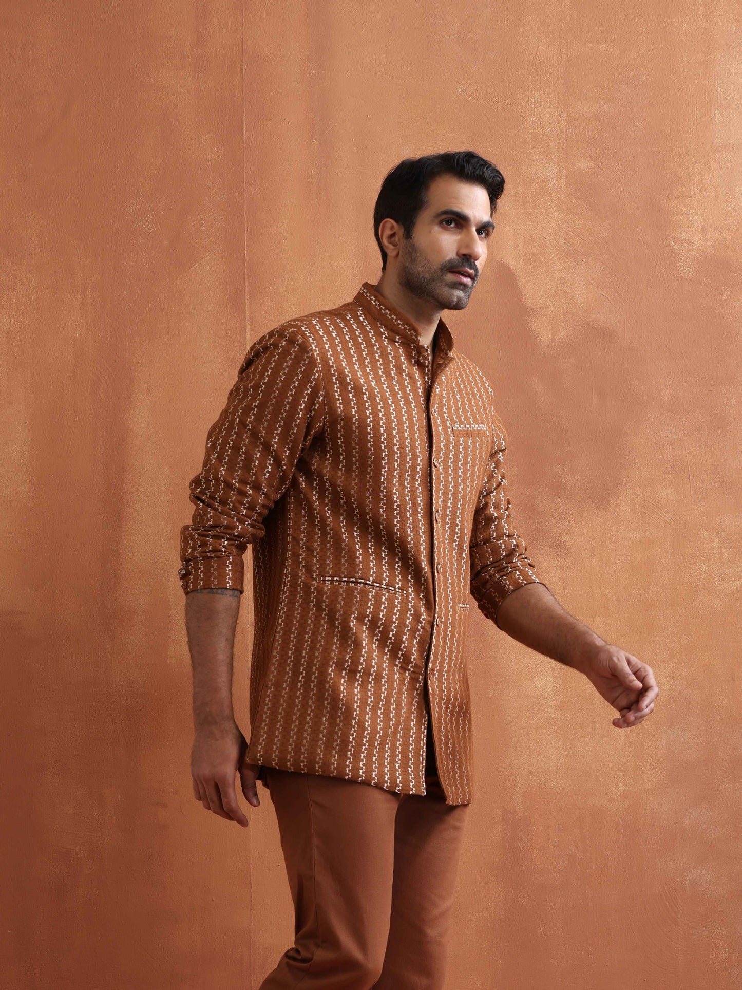 trueBrowns Men's Brown Cotton Dobby Long Jacket | Swadesiicart