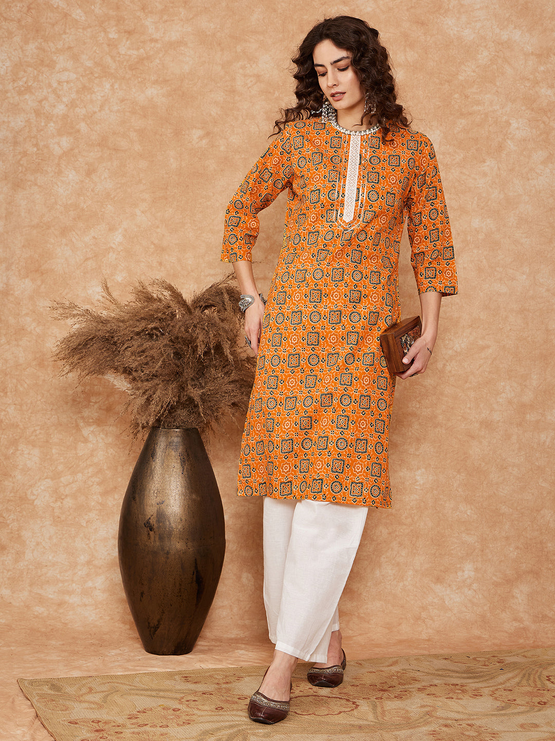 InWeave Women's Mustard Ethnic Print Lace Gota Work Straight Kurta - Swadesiicart