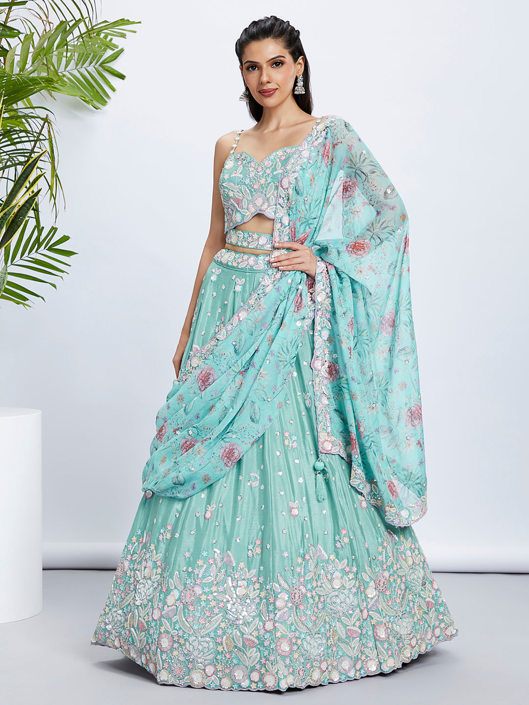 House of Panchhi Burgundy Georgette Sequins, Mirror And Thread Embroidery Lehenga Choli & Dupatta | Swadesiicart