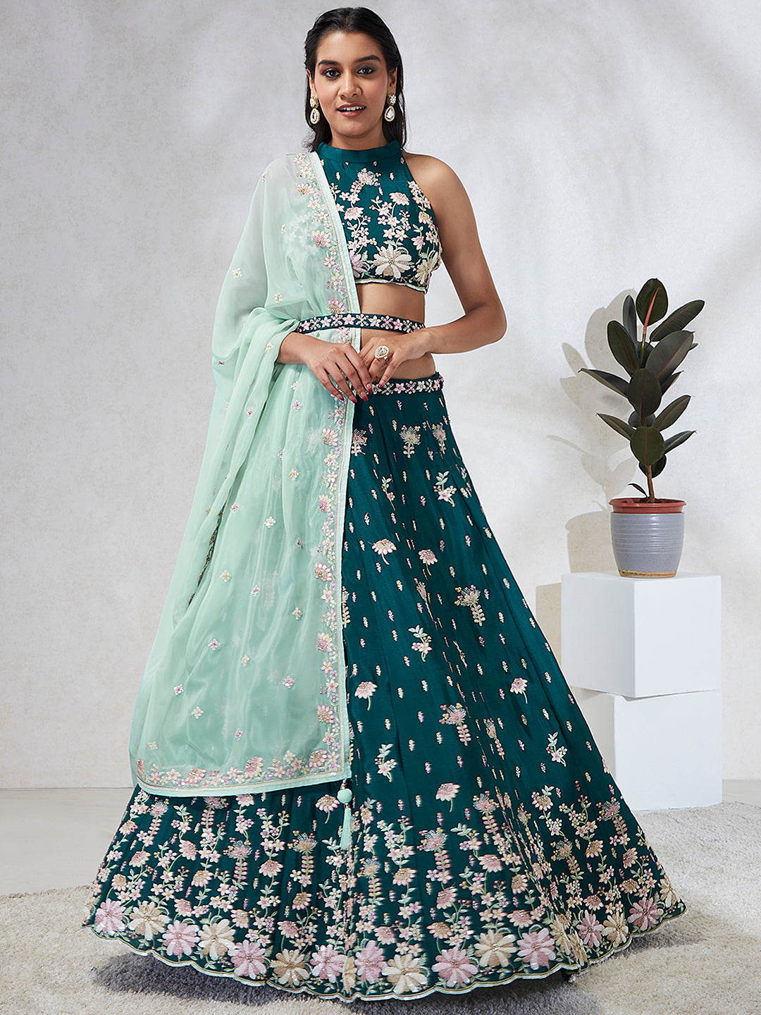 House of Panchhi Green Pure Georgette Sequins And Thread Embroidery Lehenga Choli & Dupatta | Swadesiicart