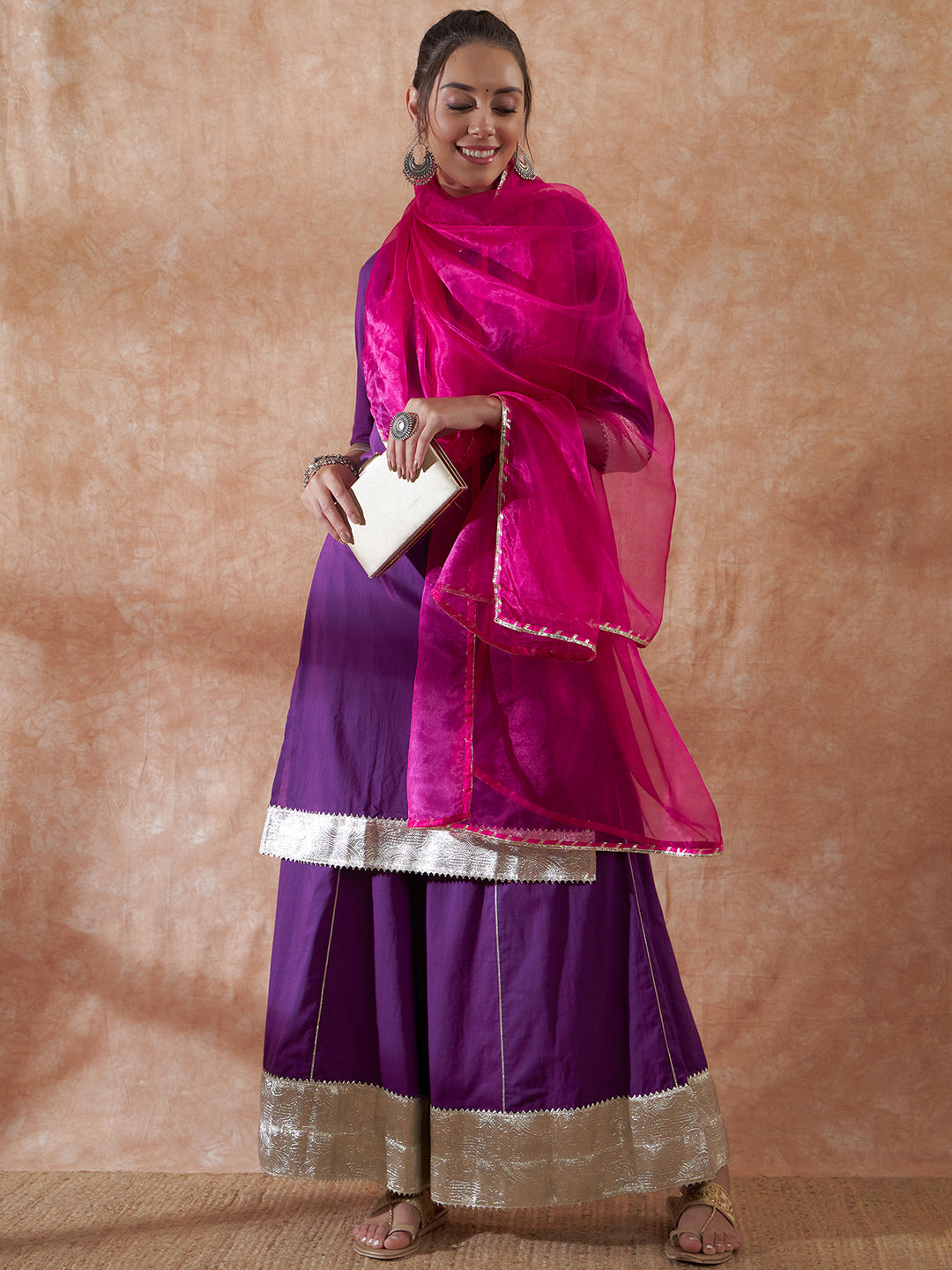 InWeave Women's Purple Gota Work Anarkali Kurta Set W Dupatta - Swadesiicart