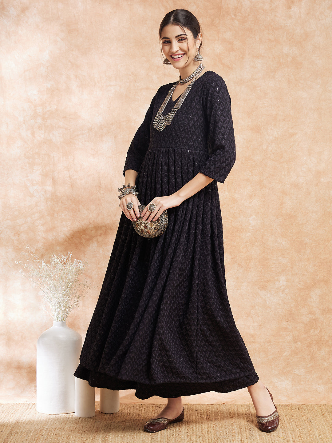 InWeave Women's Black Chikankari Long Anarkali Kurta Sharara Set - Swadesiicart