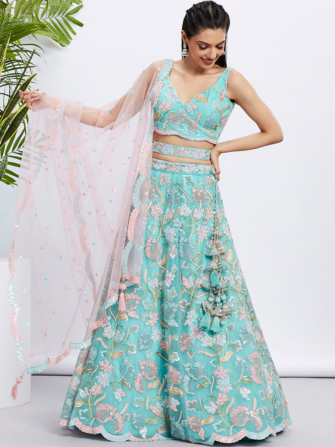 House of Panchhi Turquoise Blue Chiffon Sequins And Thread Embroidery Lehenga Choli & Printed Dupatta | Swadesiicart