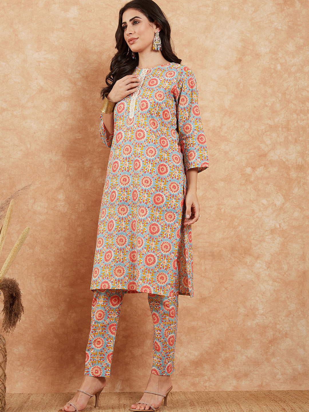 InWeave Women's Light Blue Floral Jaal Gota Work Straight Kurta Pant Set - Swadesiicart