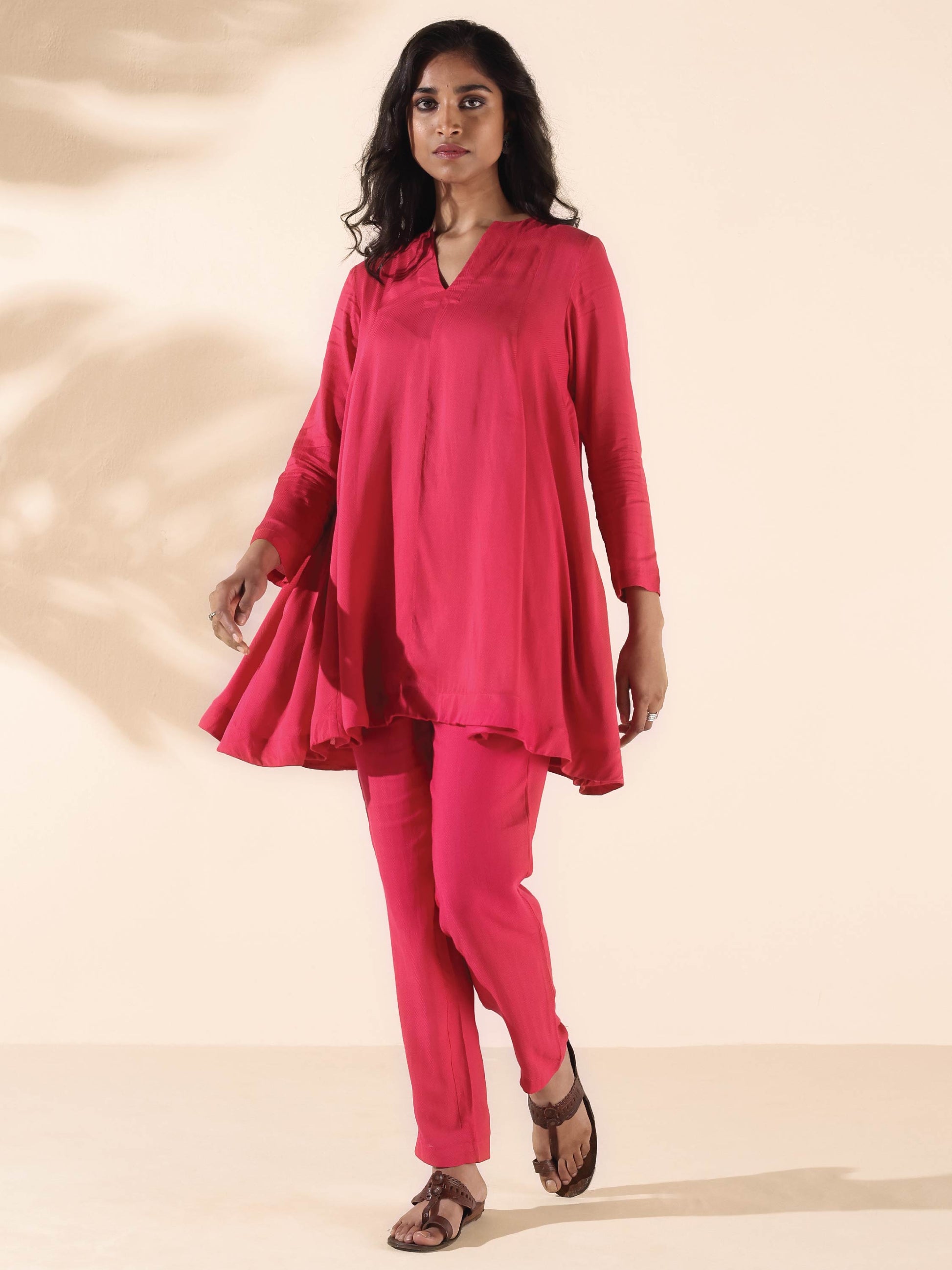 trueBrowns Carrot Viscose Dobby Flared Co-ord Set - Swadesiicart