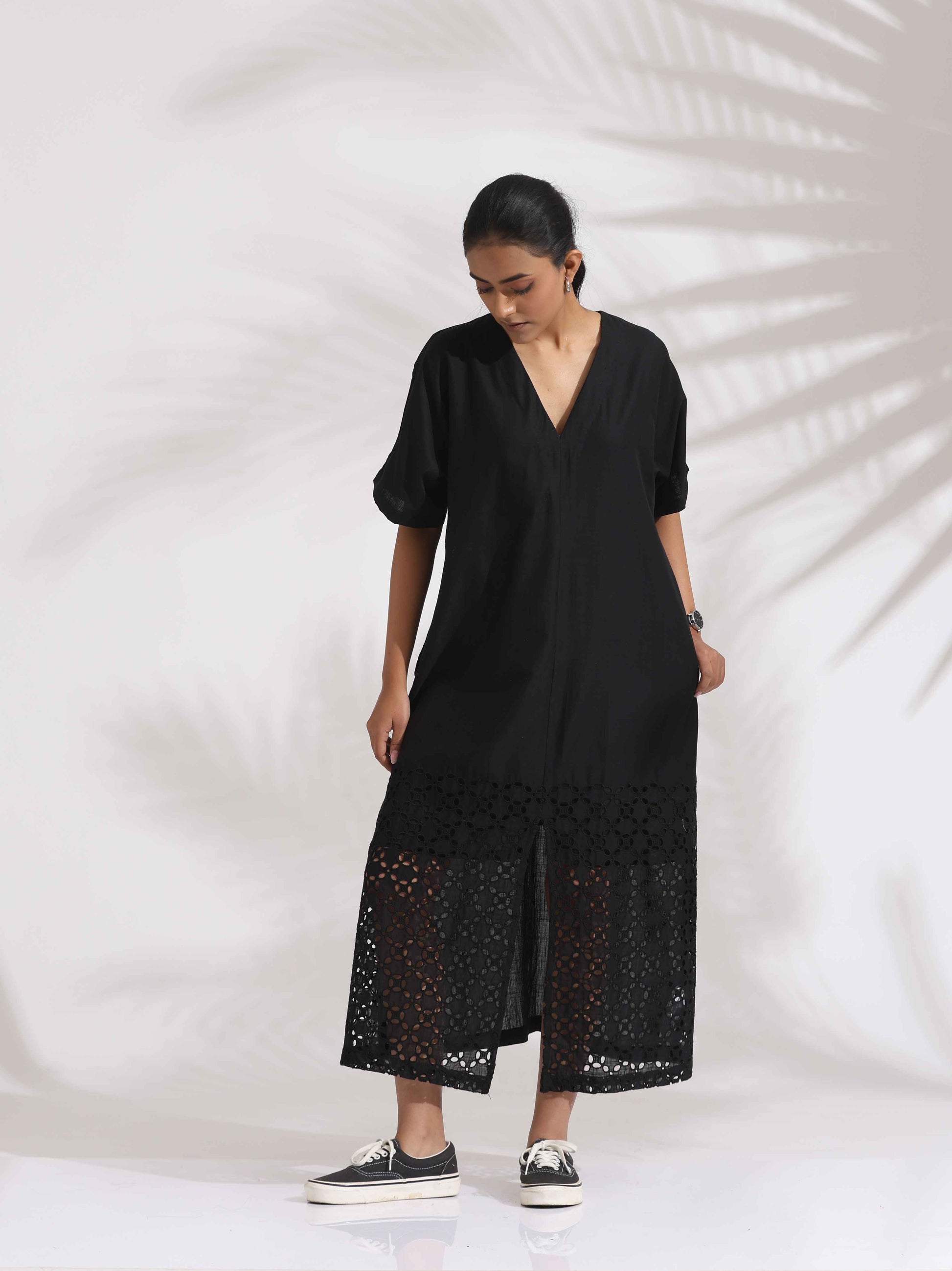 trueBrowns Black Cotton Schiffli Slit Dress | Swadesiicart