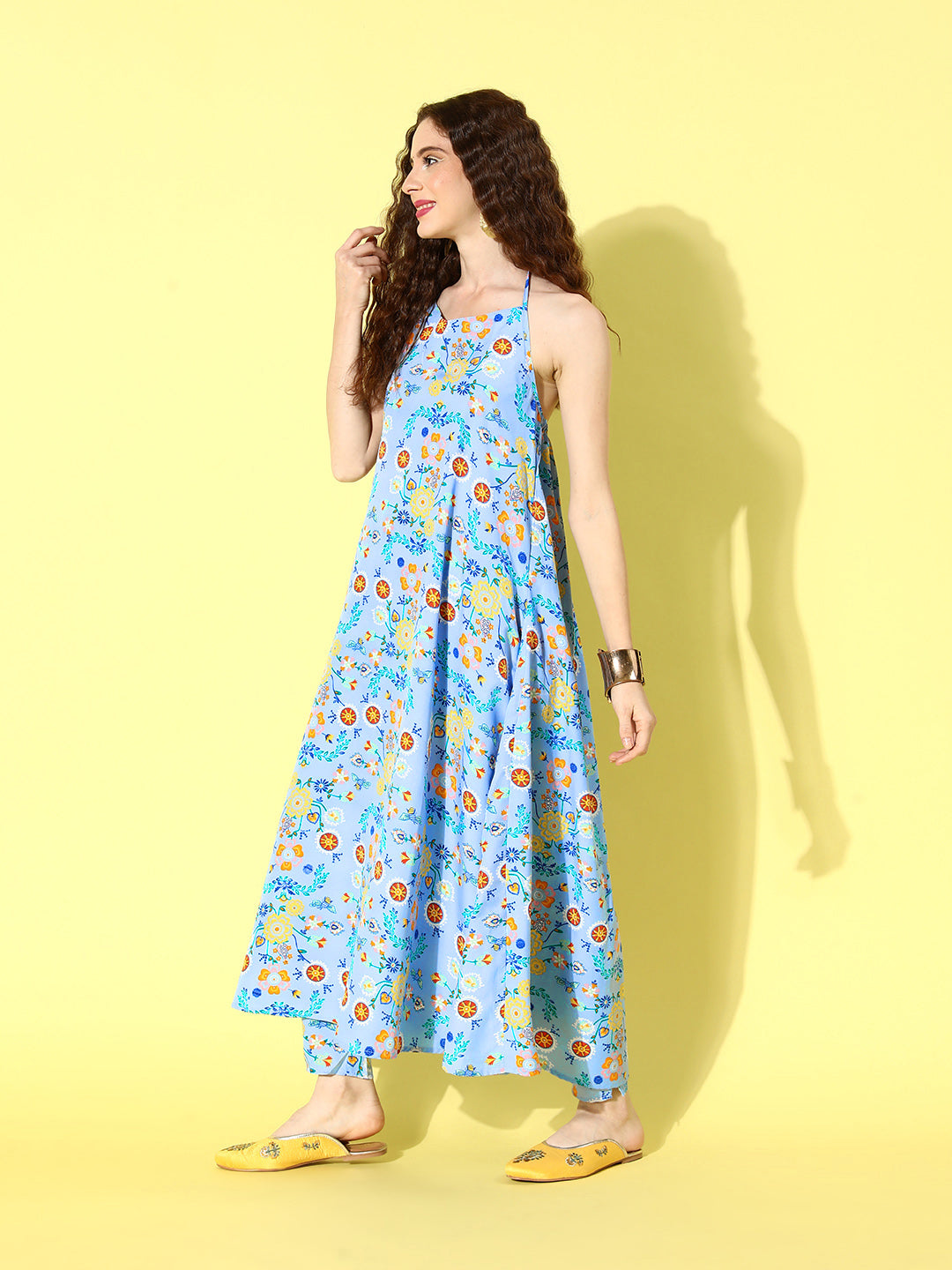 InWeave Women's Sky Blue Print Backless Long Kurta Pant Set - Swadesiicart