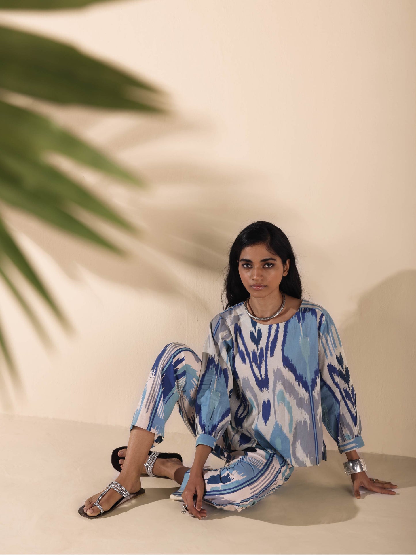 trueBrowns Blue Cotton Ikat Short Co-ord Set - Swadesiicart