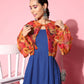InWeave Women's Ink Blue Strappy Set With Pink Mustard Print Short Organza Cape - Swadesiicart