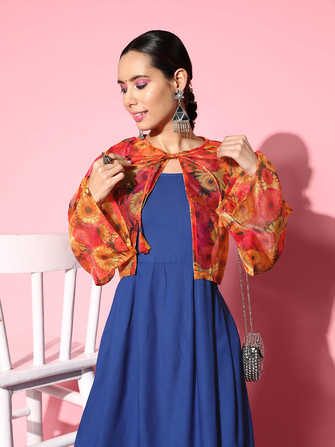 InWeave Women's Ink Blue Strappy Set With Pink Mustard Print Short Organza Cape - Swadesiicart