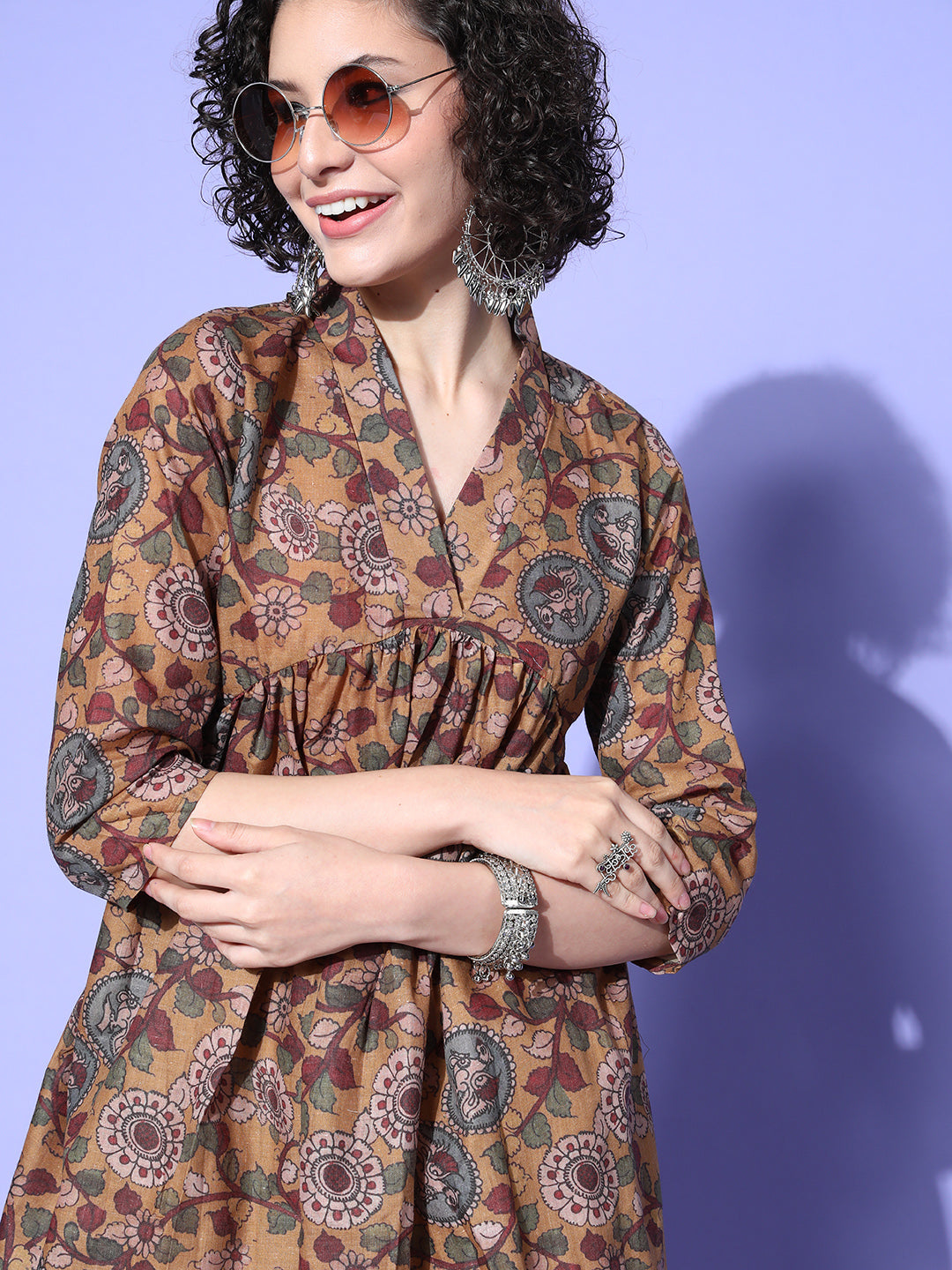 InWeave Women's Ochre Mustard Kalamkari Print Dress - Swadesiicart