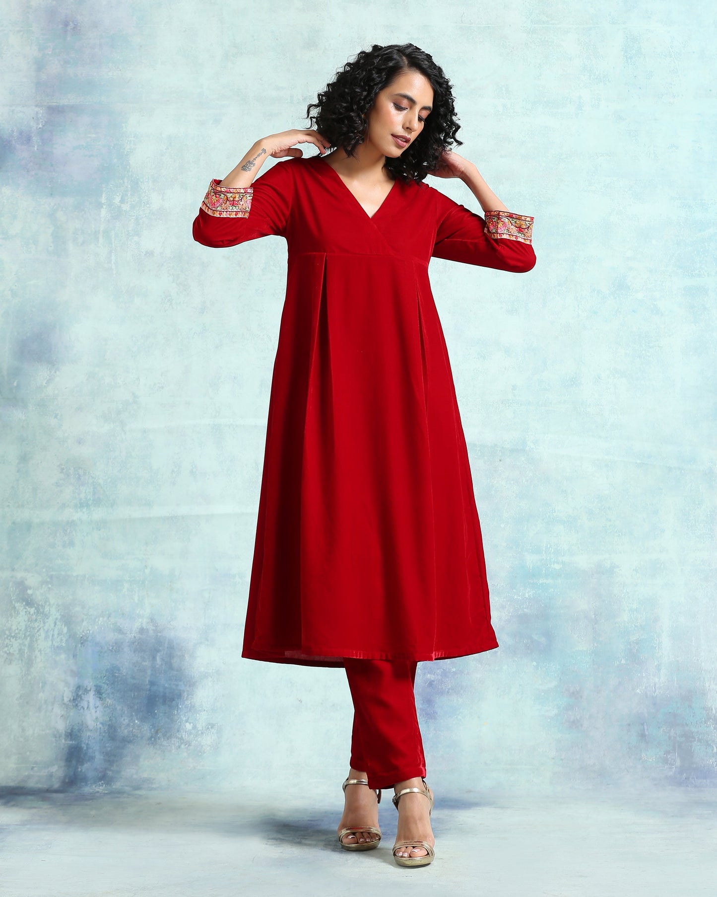 trueBrowns True Red Velvet Yoke Kurta | Swadesiicart