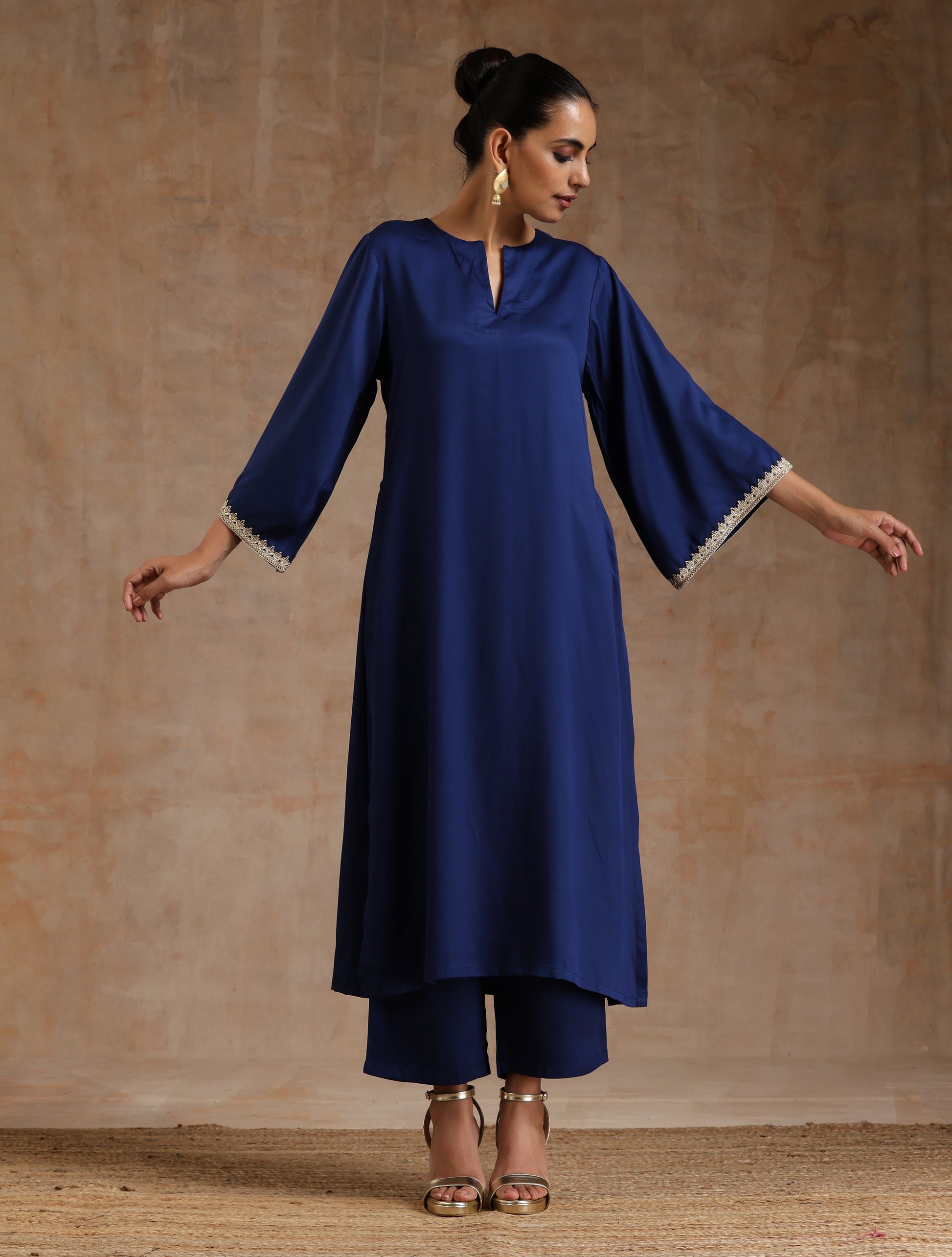trueBrowns Midnight Blue Modal Satin Relax Kurta Set | Swadesiicart
