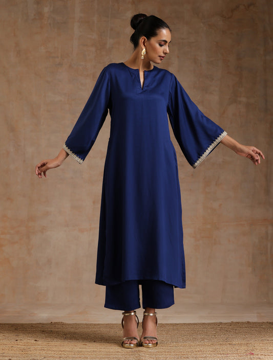 trueBrowns Midnight Blue Modal Satin Relax Kurta Set | Swadesiicart
