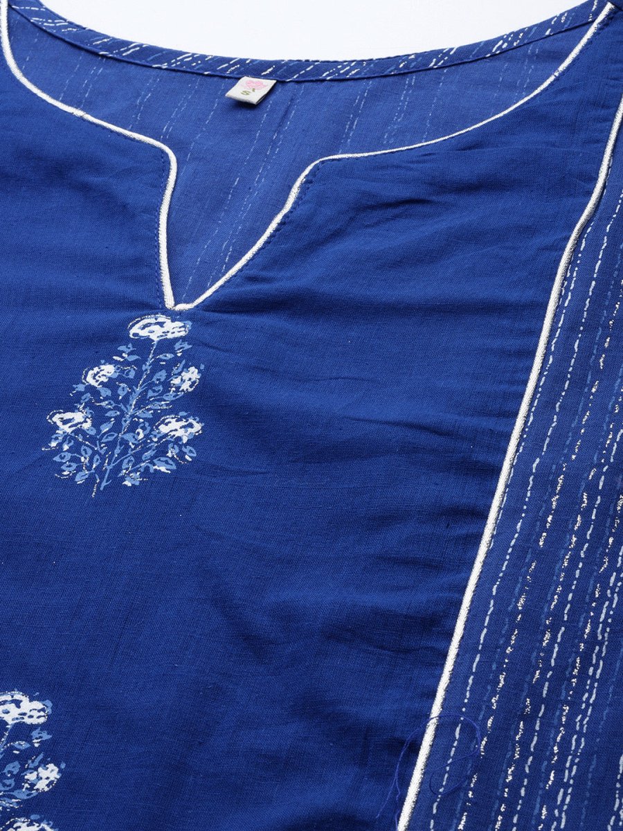 Ahalyaa Women Blue Floral Printed Pure Cotton Kurta with Trousers | Swadesiicart