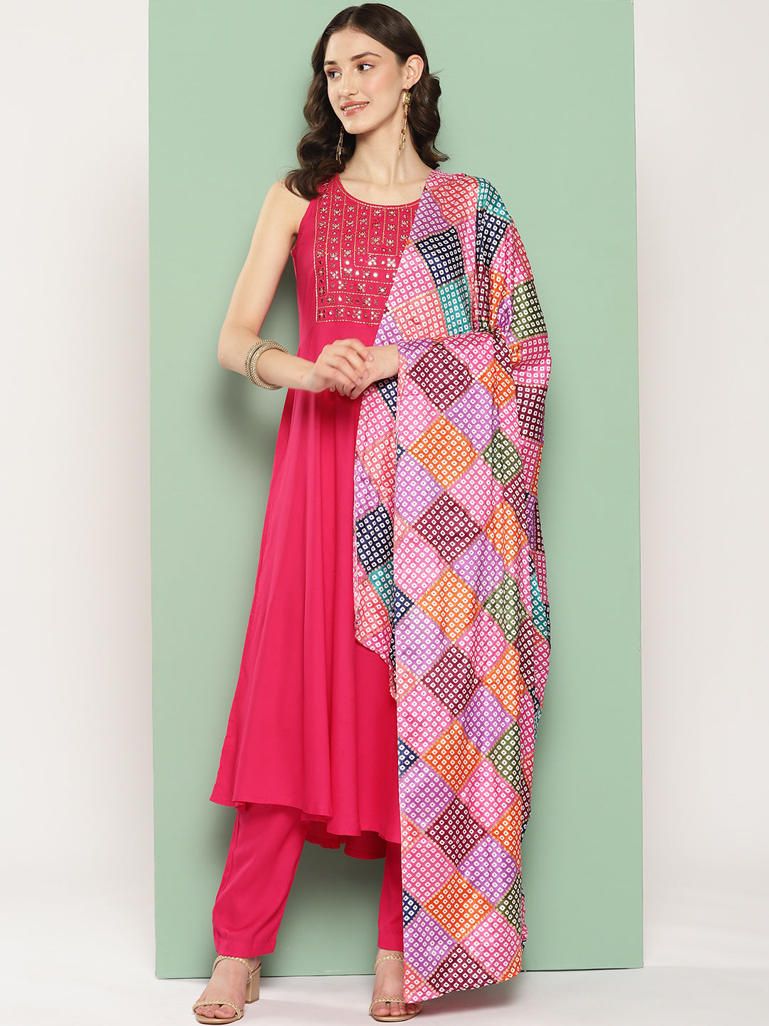 InWeave Women's Fuchsia Mirror Work Strappy Set W Square Bandhani Print Silk Dup - Swadesiicart