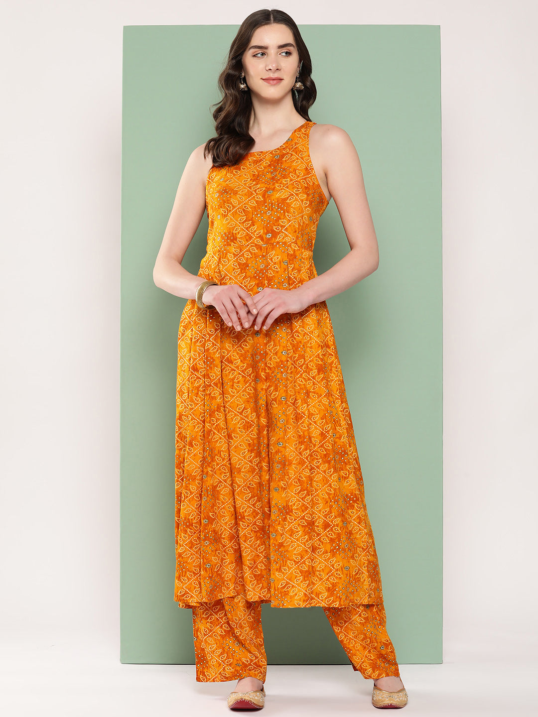 InWeave Women's Muatsrd Bandhej Print Raisa Back Detial Long Coords Set - Swadesiicart