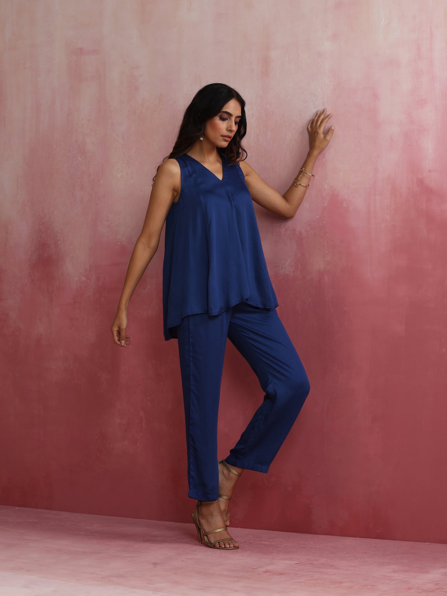 trueBrowns Blue Modal Flared Kurta Co-ord Set - Swadesiicart