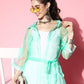 InWeave Women's Cream Strappy Kurta Set With Teal Organza Cape - Swadesiicart