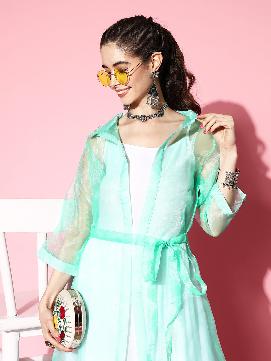 InWeave Women's Cream Strappy Kurta Set With Teal Organza Cape - Swadesiicart