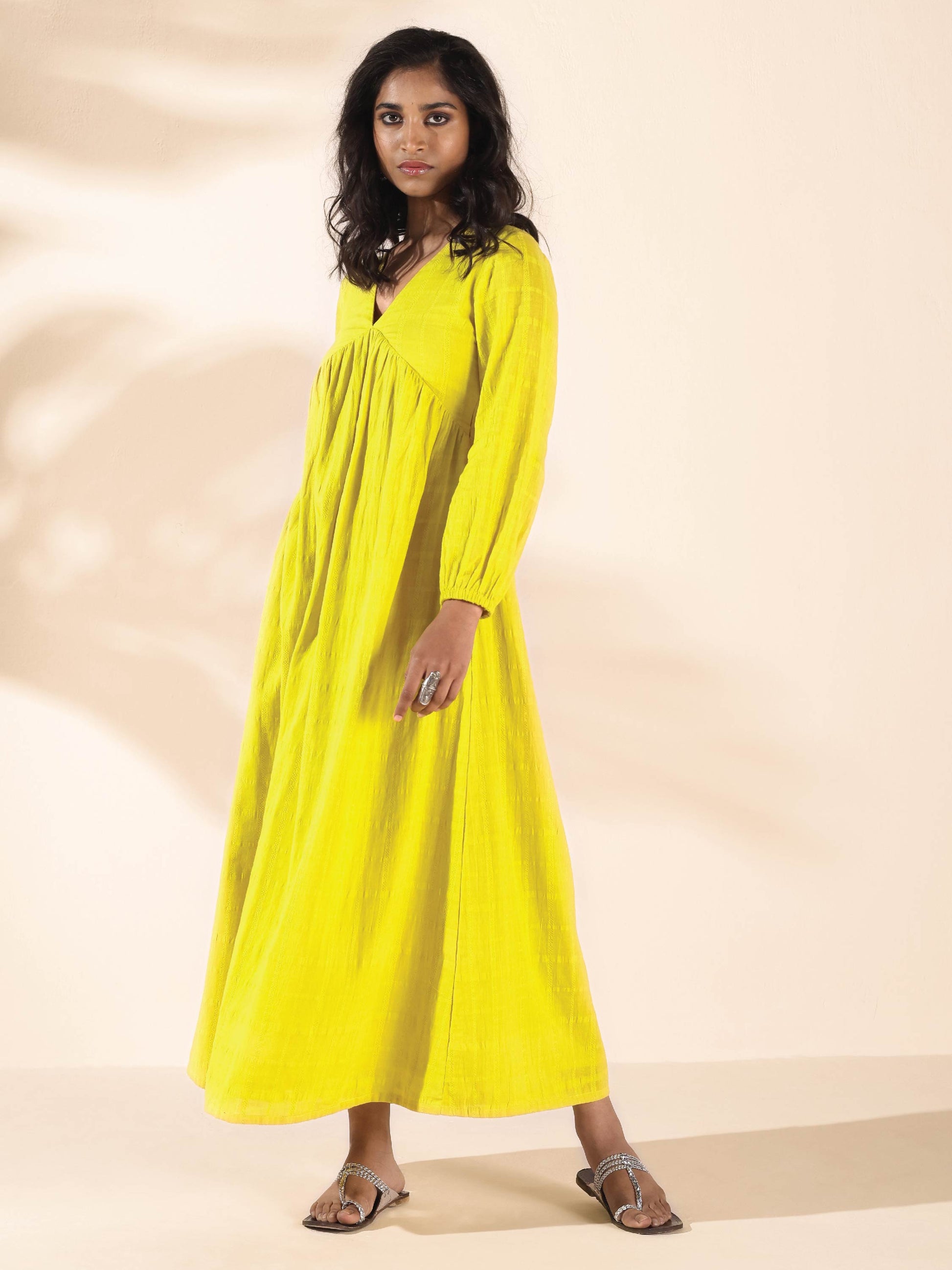 trueBrowns Lime Cotton Dobby Flared Dress | Swadesiicart