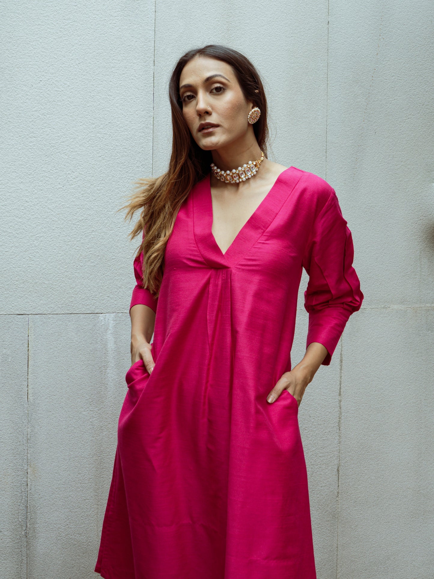 trueBrowns Pink Dupion Silk Puff Sleeve Kurta Pant Set | Swadesiicart