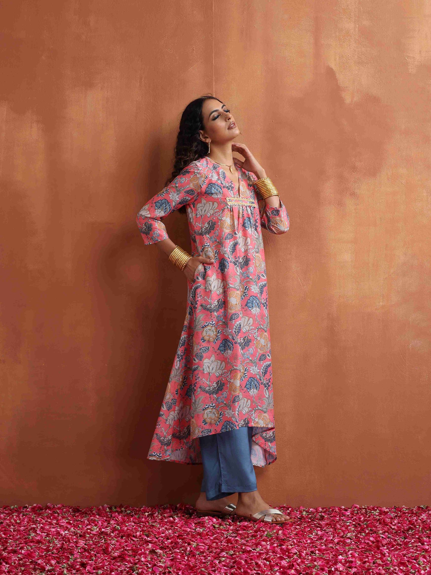 trueBrowns Orange Print A-line Kurta Set | Swadesiicart