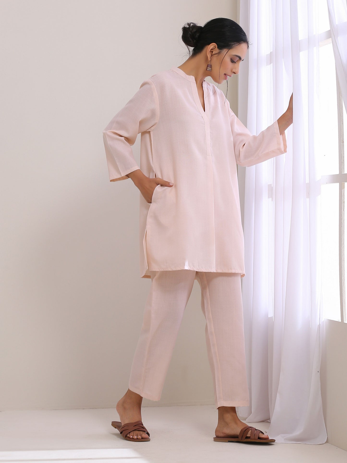trueBrowns Pink Slub Relaxed Fit Co-Ord Set - Swadesiicart