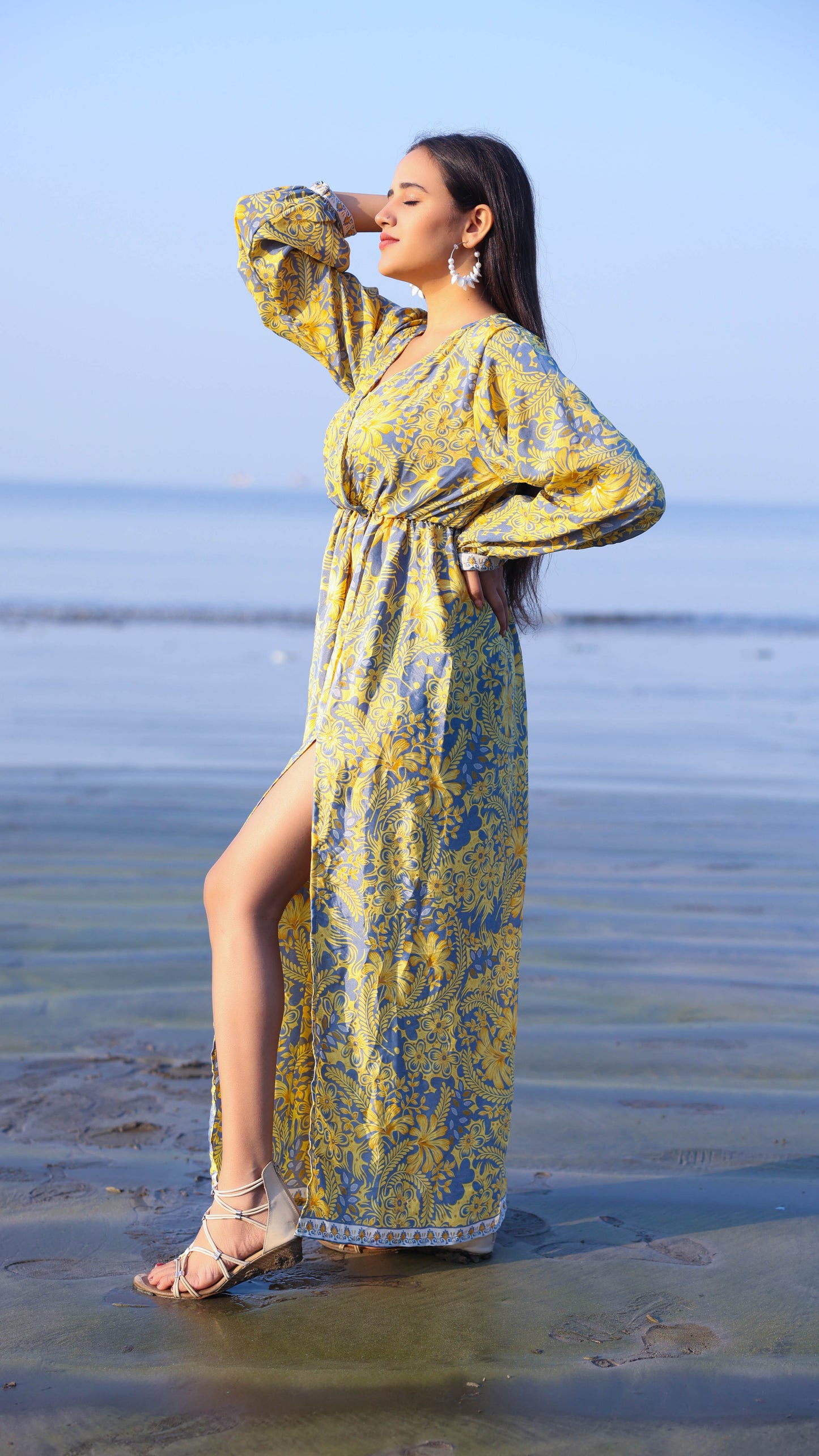 Noroke Vintage Crepe Yellow Vintage Printed Long Dress | Swadesiicart