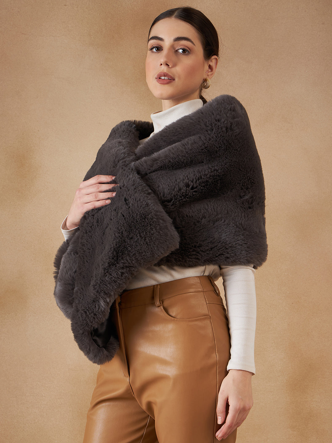 InWeave Slaty Grey Long Faux Fur Cape - Swadesiicart