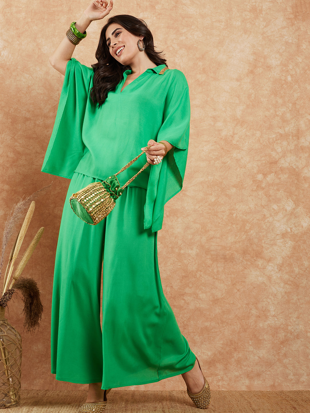 InWeave Women's Parrot Green Solid Collar Neck Boho Top Bottom Set - Swadesiicart